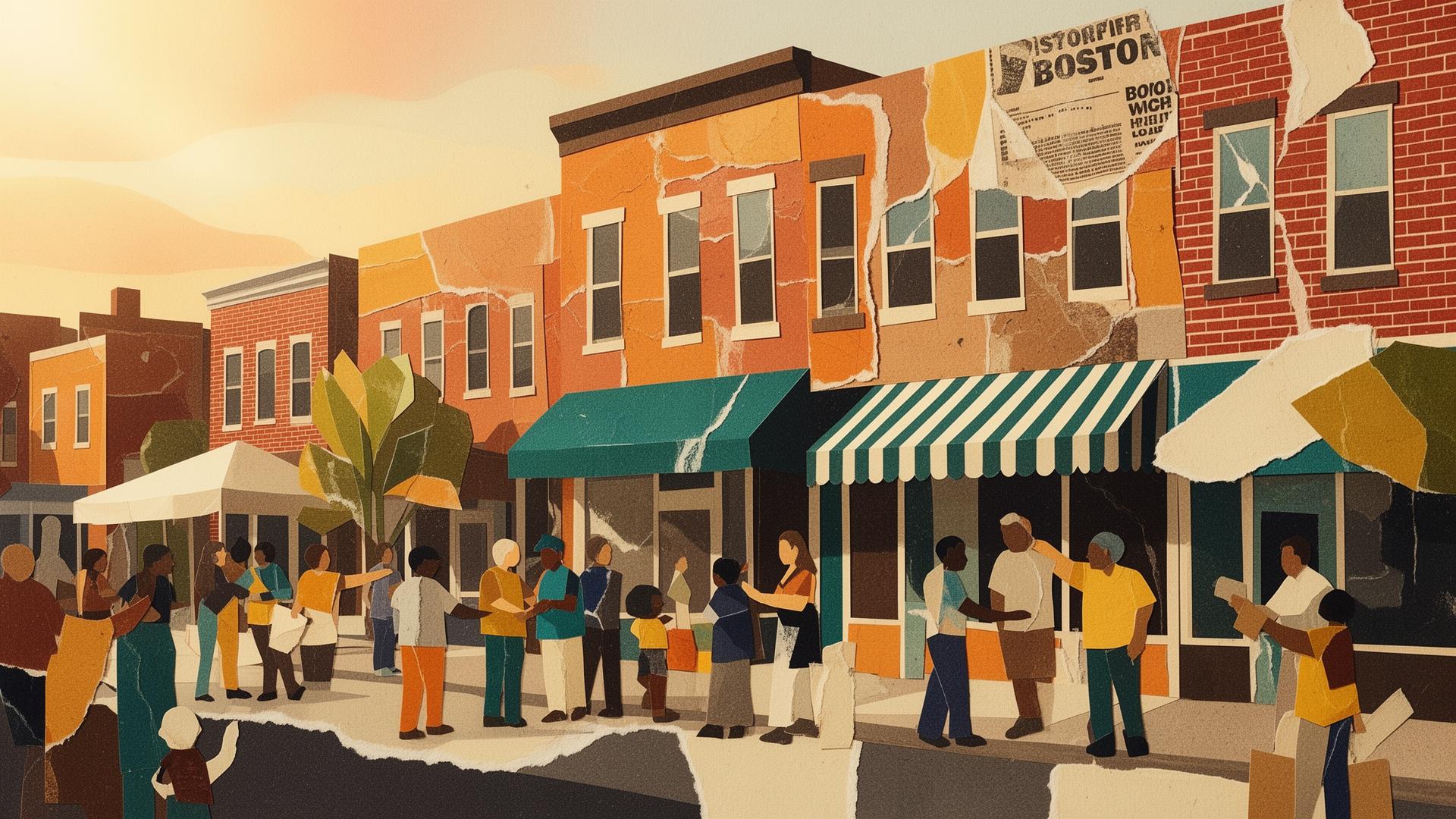 Torn-paper collage of a Boston Square neighborhood block — storefronts, awnings, and community members preparing for activation